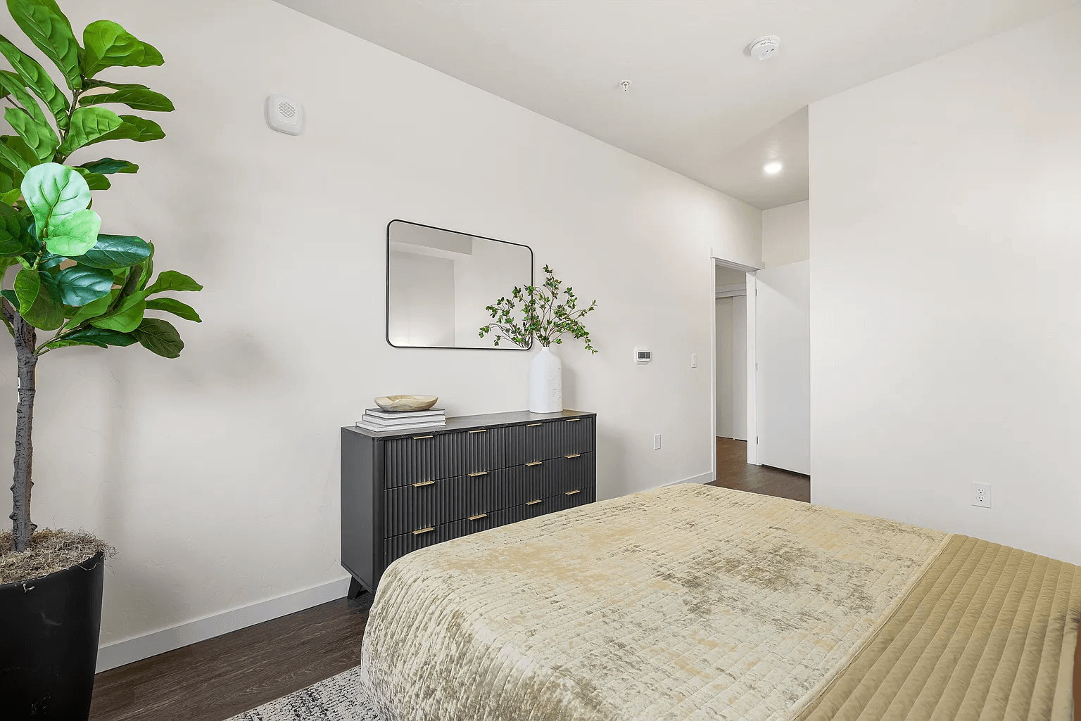 A bedroom with a bed, a plant, and a mirror on the wall.